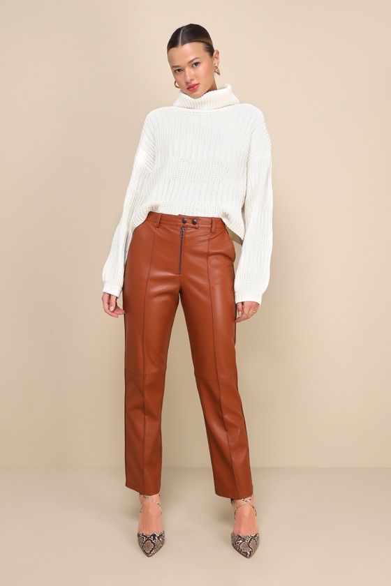 Elevated Option Brown Vegan Leather Zip-Front Straight Leg Pants