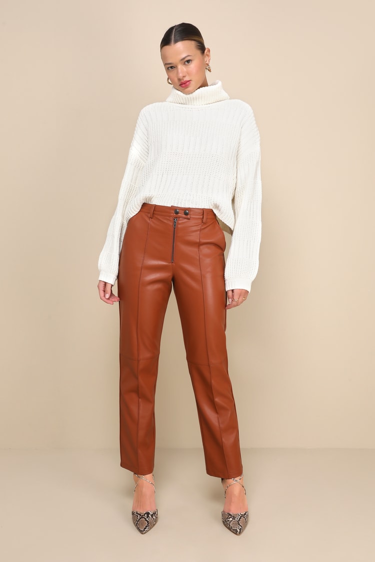 Front Seamed Skinny Faux Leather Pants Leather Pants Brown Leather