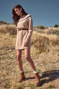 Seasonal Charmer Beige Multi Knit Turtleneck Sweater Mini Dress