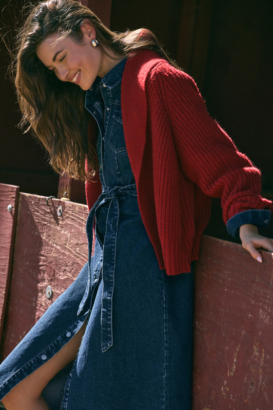 3844 Red Ruched Sleeve Cardigan