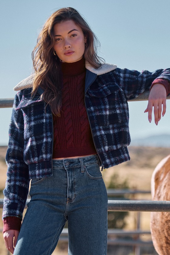 Blue Navy Plaid Tartan Women's Bomber Jacket