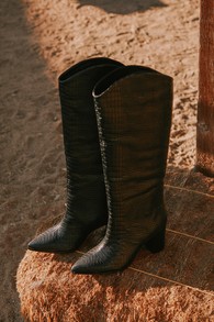 Maryana Black Croc-Embossed Leather Knee-High Boots