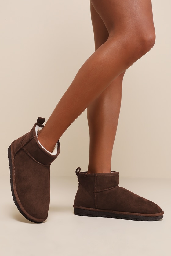 Fahari Dark Brown Suede Faux Fur-Lined Ankle Booties 1