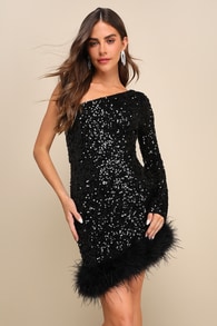 Extraordinary Sparkle Black Sequin Feather Bodycon Mini Dress