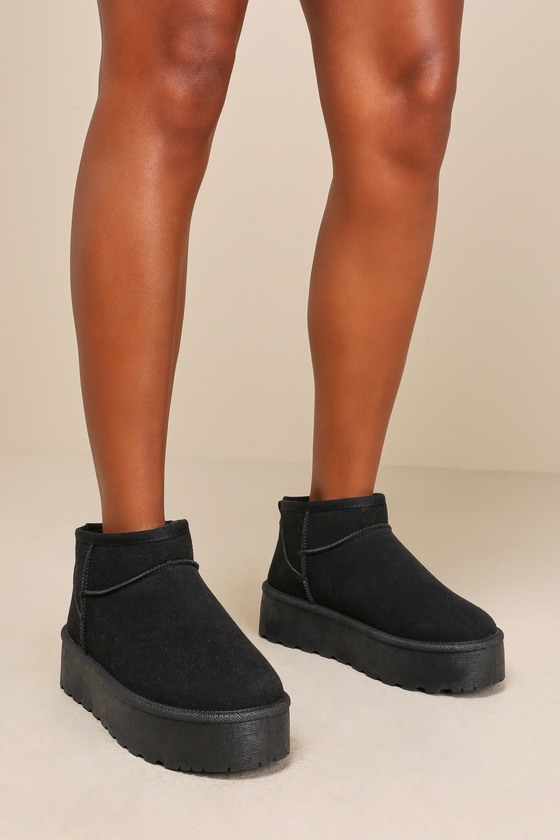 Lulus Priella Black Suede Faux Fur-lined Platform Ankle Booties