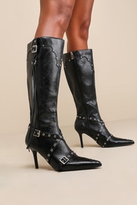 Bertruda Black Buckle Pointed-Toe Knee High Boots