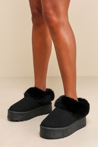 Lahoma Black Faux Fur Flatform Slippers