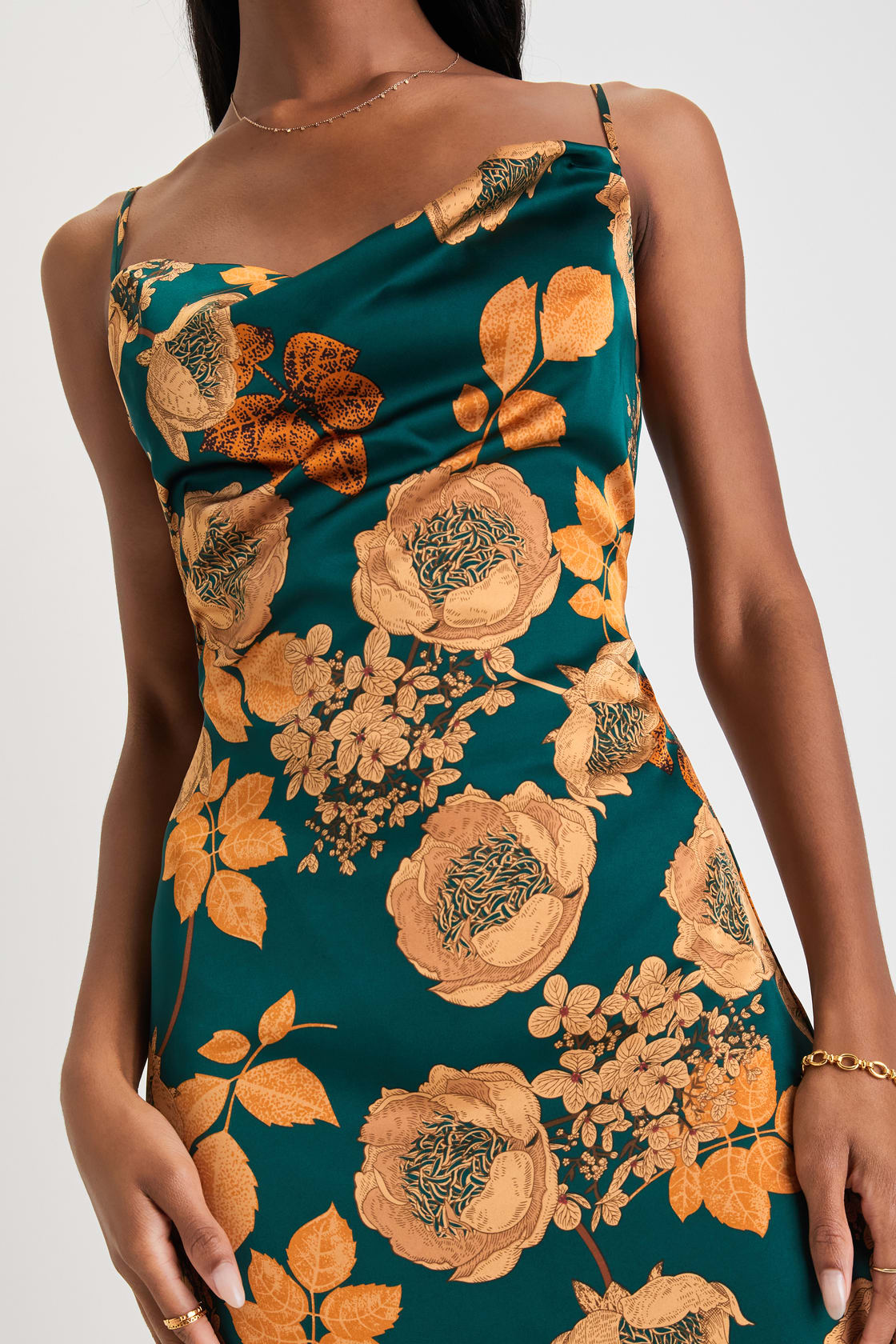 Favorite Icon Green Floral Satin Cowl Neck Slip Midi Dress