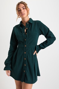 Autumn Mood Emerald Green Corduroy Button-Up Skater Mini Dress 1