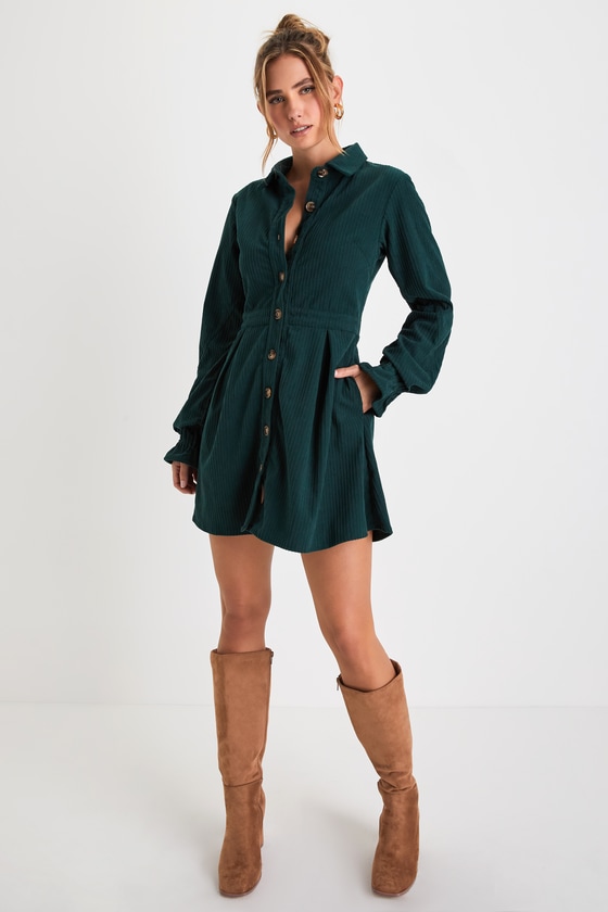 Autumn Mood Emerald Green Corduroy Button-Up Skater Mini Dress 2