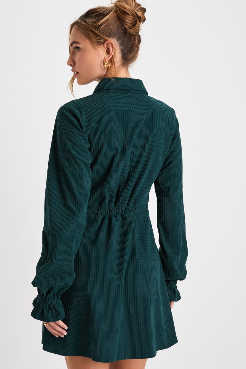 green emerald velvet dress Dark Green Corduroy V Neck Long Sleeve Vintage Dress, Dark Green / XXL main image 0