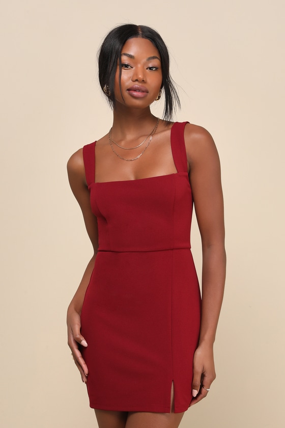 Lulus Social Sensation Burgundy Square Neck Mini Bodycon Dress