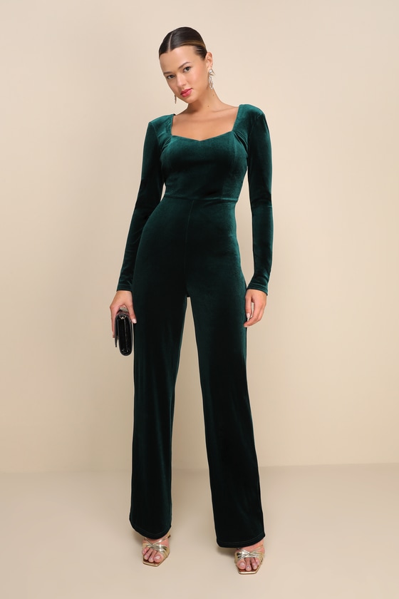 Lulus Instant Stunner Emerald Green Velvet Backless Jumpsuit