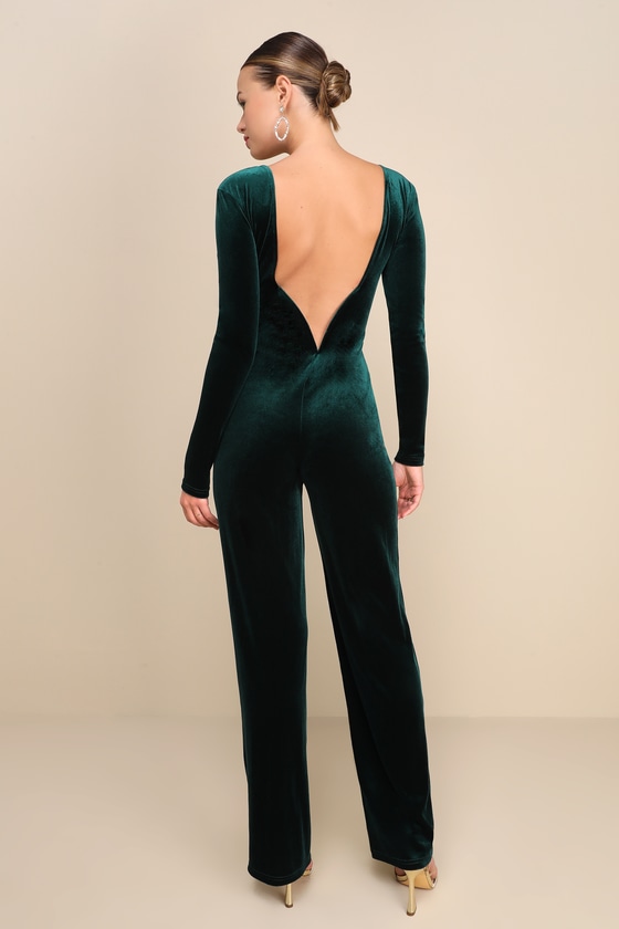 Instant Stunner Emerald Green Velvet Backless Jumpsuit - thumbnail 4