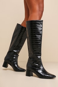 Bryson Black Crocodile-Embossed Knee-High Boots