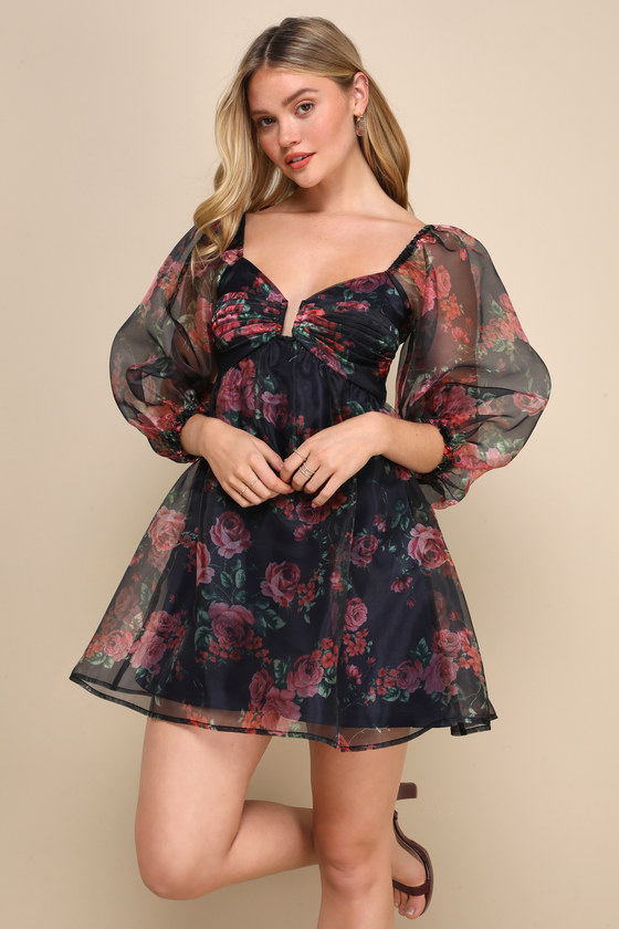 Navy Floral Dress - Organza Mini Dress - Babydoll Dress - Lulus