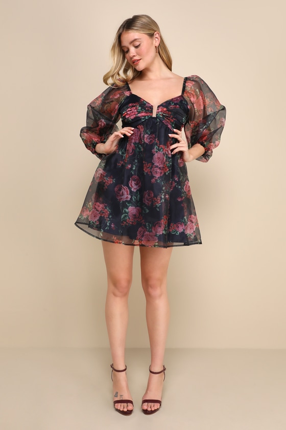 Navy Floral Dress - Organza Mini Dress - Babydoll Dress - Lulus
