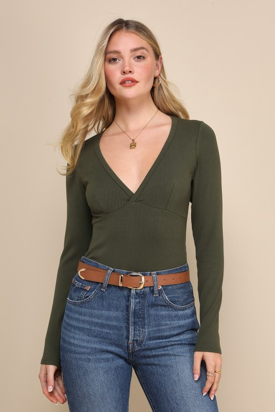 Lulus Obviously Perfect Olive Green Ribbed V-neck Bodysuit