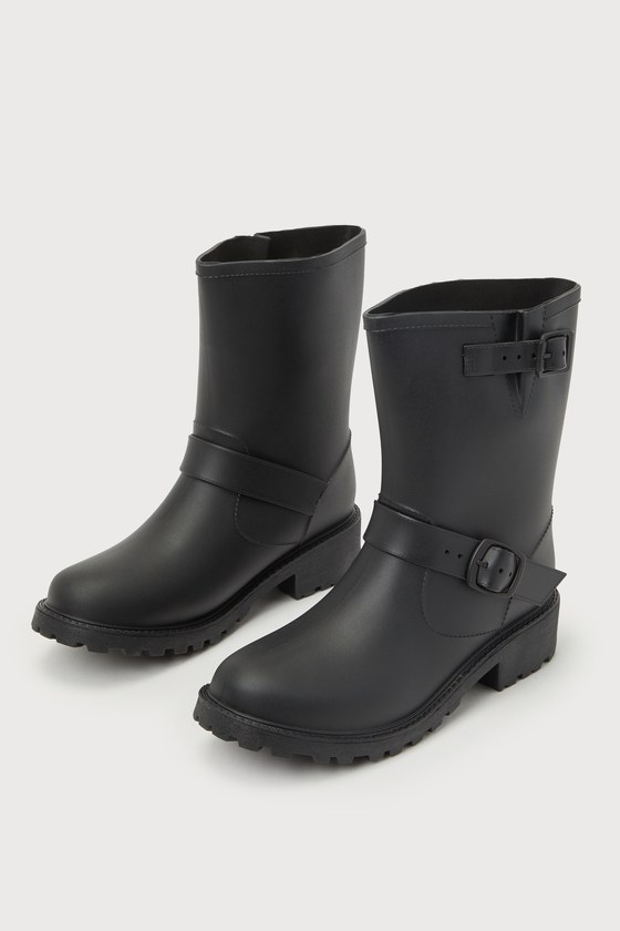 Licenta Black Lug Sole Buckle Mid-Calf Rain Boots 2
