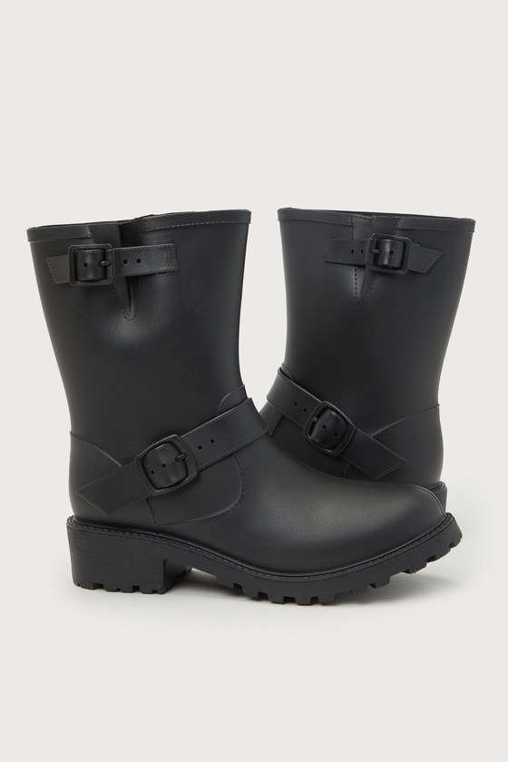 Black Rubber Rain Boots - Black Boots - Buckle Boots - Boots