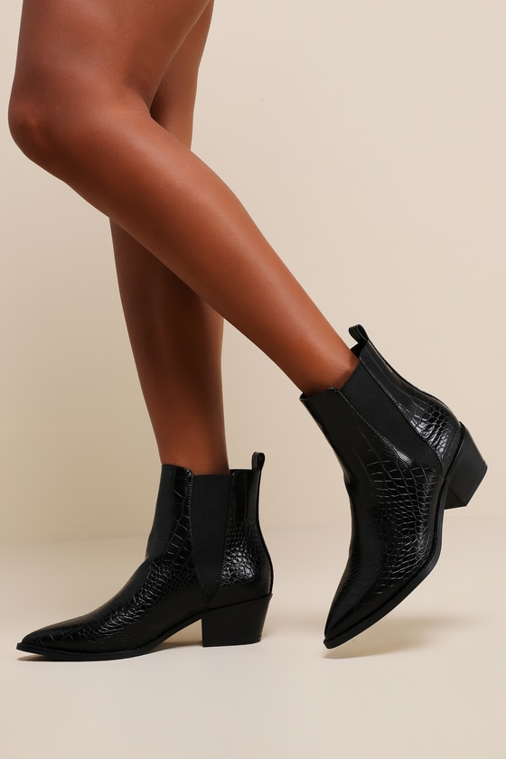 Lulus Conny Black Crocodile-embossed Pointed-toe Ankle Booties