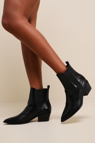 Conny Black Crocodile-Embossed Pointed-Toe Ankle Booties