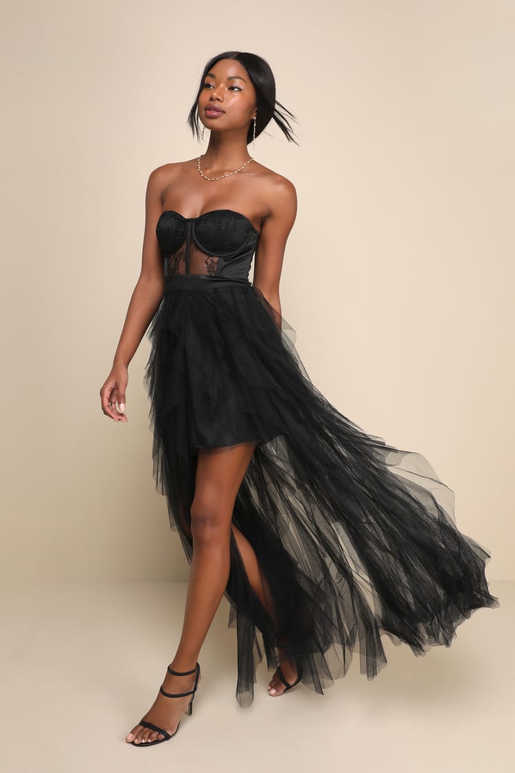 Forever Flawless Black Sheer Lace Strapless Bustier Maxi Dress