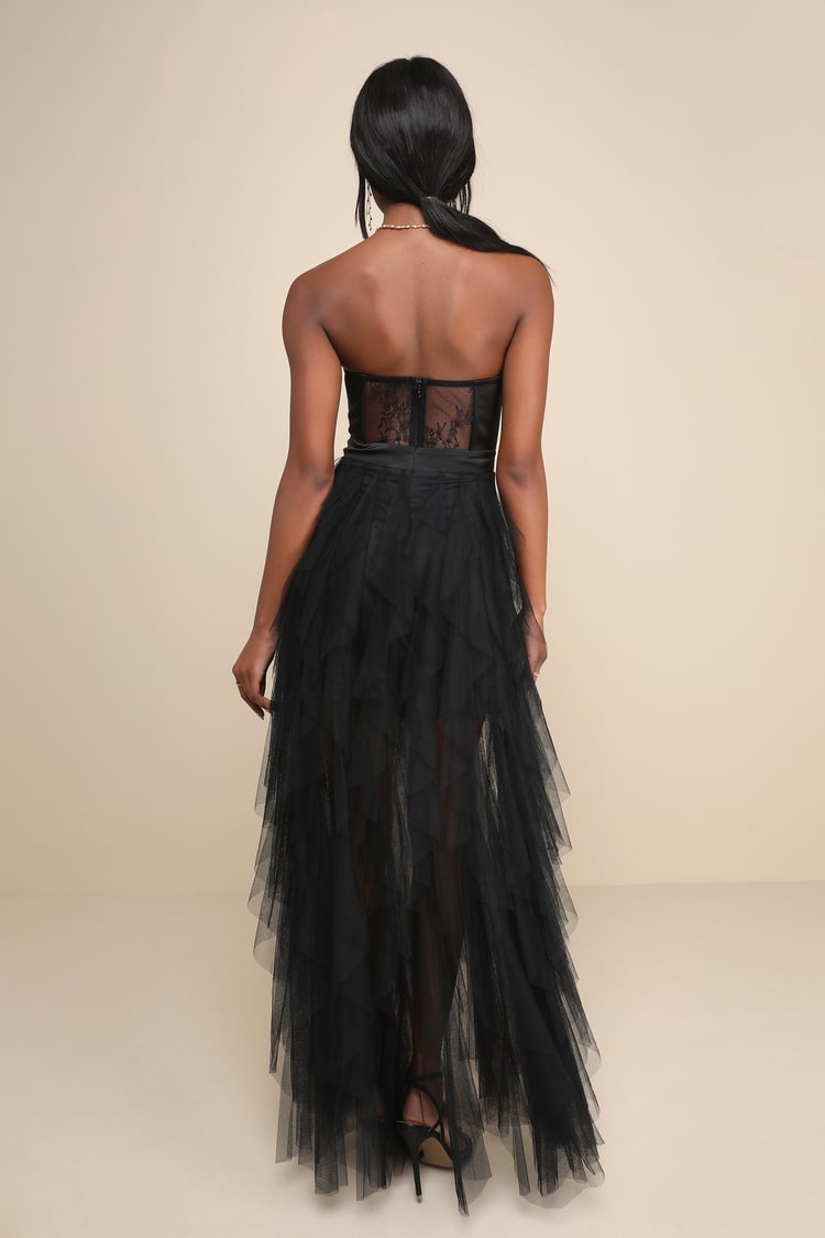 Black Strapless Dress - Sheer Lace Dress - Ruffled Dress - Dress - Lulus