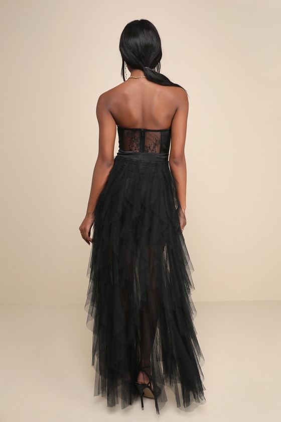 Forever Flawless Black Sheer Lace Strapless Bustier Maxi Dress 3