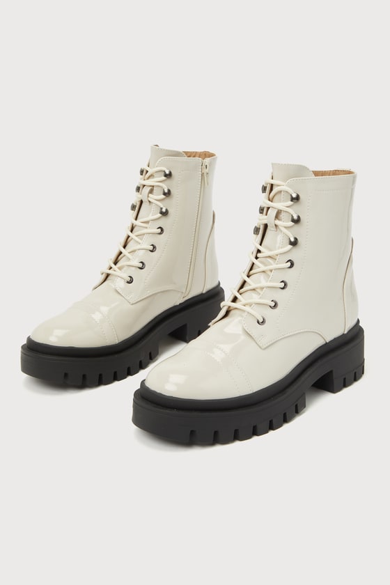 ShuShop Ursula Bone - Patent Ankle Booties - Lace-Up Booties - Lulus