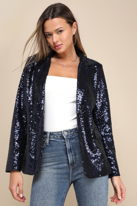 Navy Blue Sequin Blazer - Sequin Blazer - Collared Sequin Blazer - Lulus