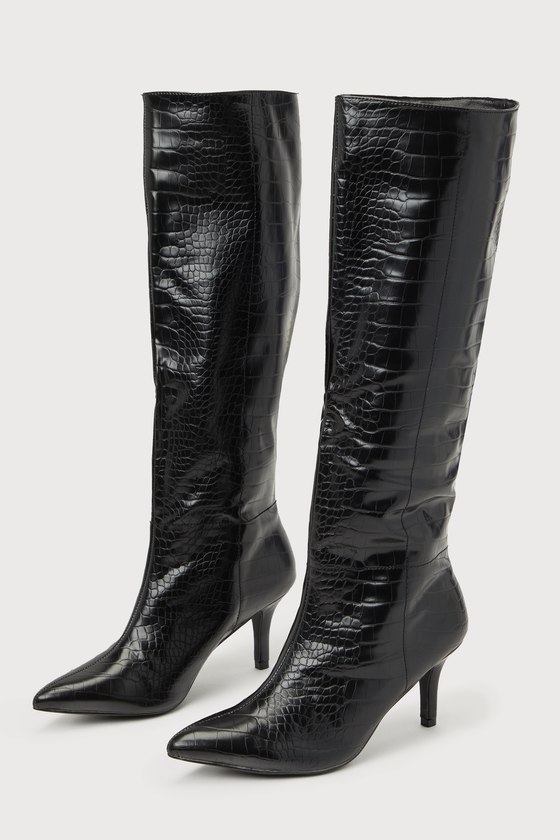 Black leather knee high boots kitten heel top