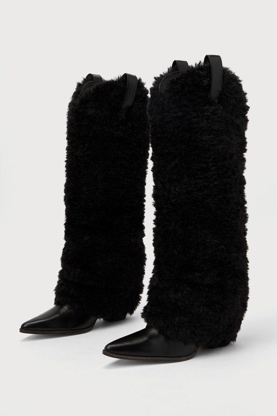 Loreta Black Faux Fur Foldover Knee-High Boots 1