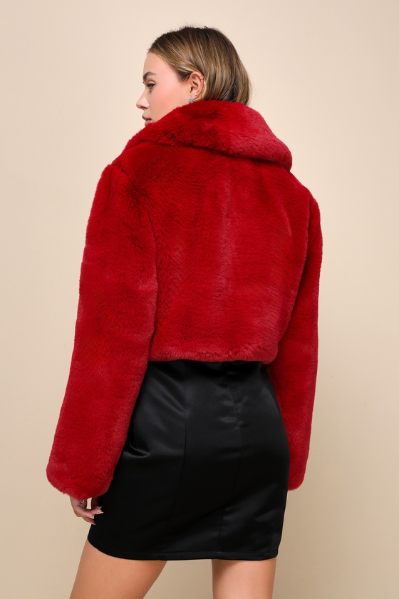Red faux fur cropped jacket hotsell