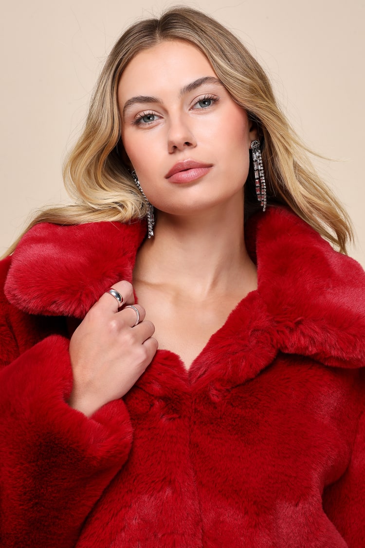 Red Faux Fur Collared Cropped Jacket | Womens | Large (Available in M) | 100% Polyester | Lulus