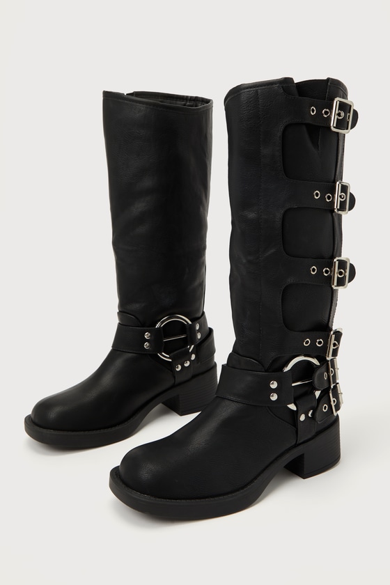 Jayliah Black Belted Slip-On Knee-High Moto Boots 1