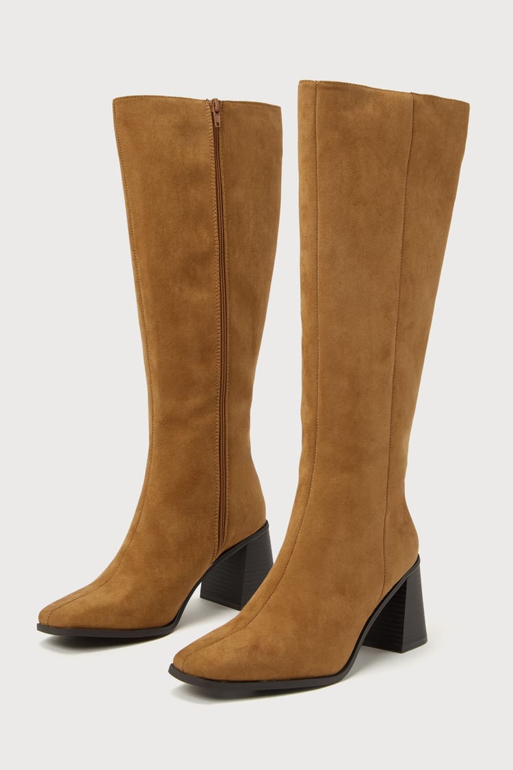 Marvari Taupe Suede Square-Toe Knee-High Boots