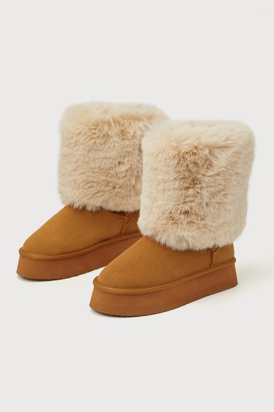 Sumaiya Chestnut Suede Faux Fur Platform Mid-Calf Boots 1