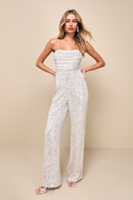 Glorious Vision Silver Sequin Strapless Wide-Leg Jumpsuit 6