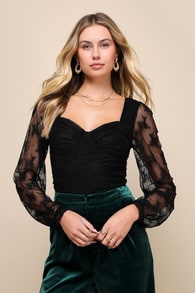 Simply Flirtatious Black Lace Long Sleeve Bustier Bodysuit