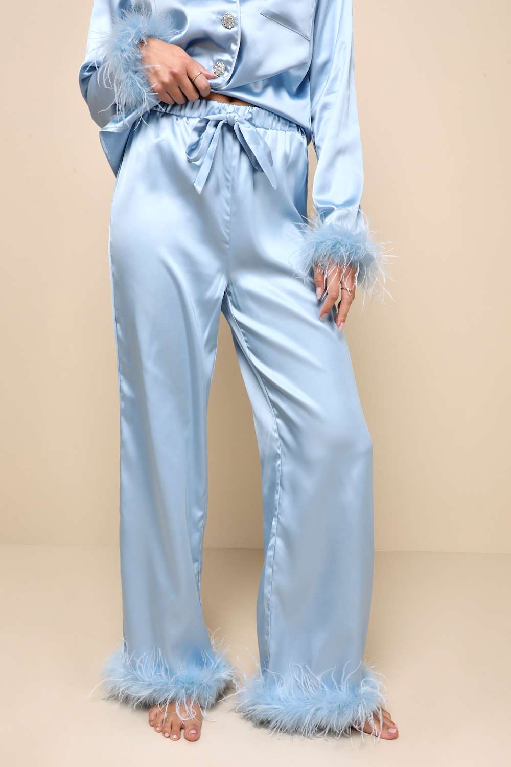 Dreamiest Delight Light Blue Satin Feather Two-Piece Pajama Set