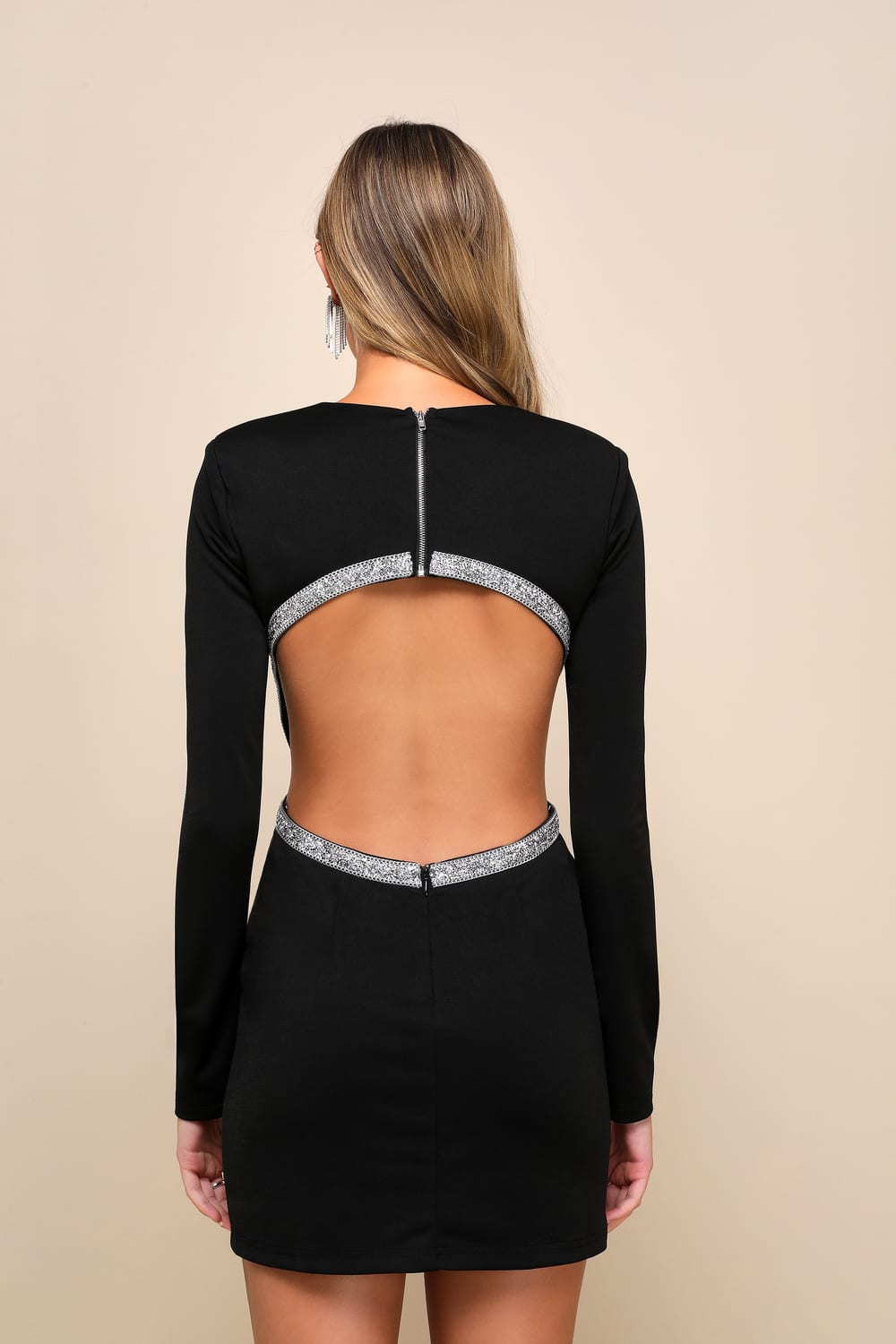 Sparkling Stunner Black Rhinestone Cutout Long Sleeve Mini Dress