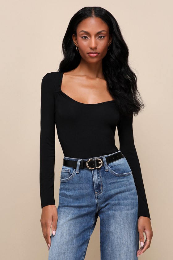 Z Supply Mara - Black Long Sleeve Top - Knotted Square Neck Top - Lulus