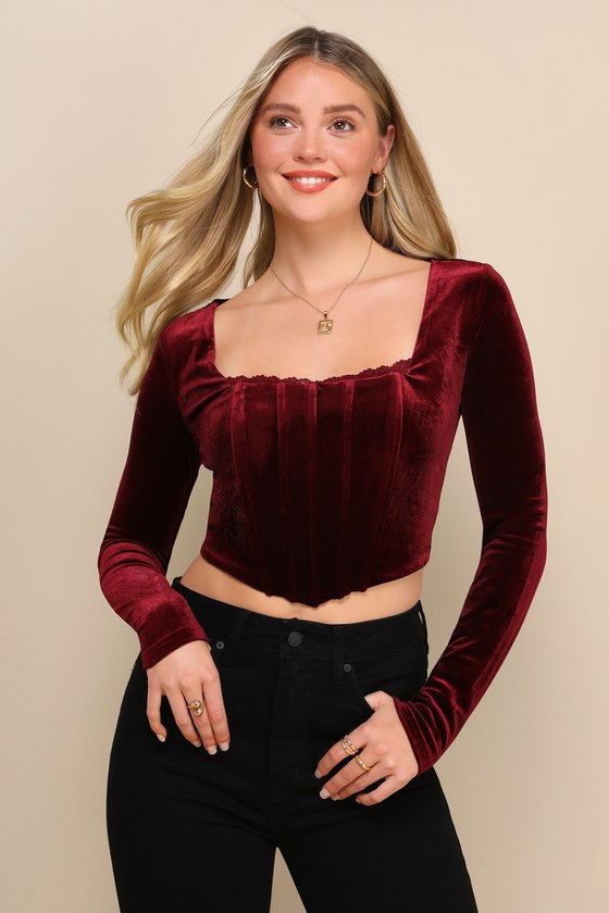 Burgundy Velvet Top - Bustier Top - Long Sleeve Crop Top - Lulus