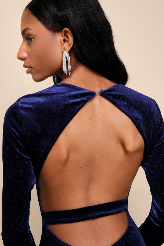 Glittery Glee Royal Blue Sparkly Backless Long Sleeve Mini Dress 4