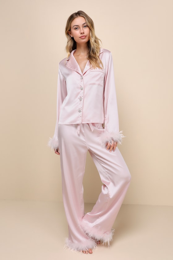 Light Pink Satin PJ Set - Feather-Trimmed PJ Set - Bridal Pajamas