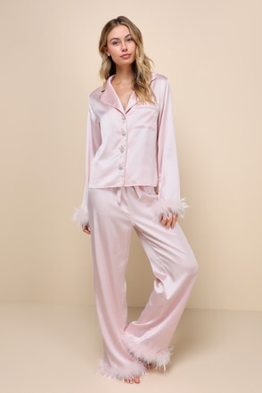 Light Pink Satin PJ Set Feather-Trimmed PJ Set Bridal Pajamas