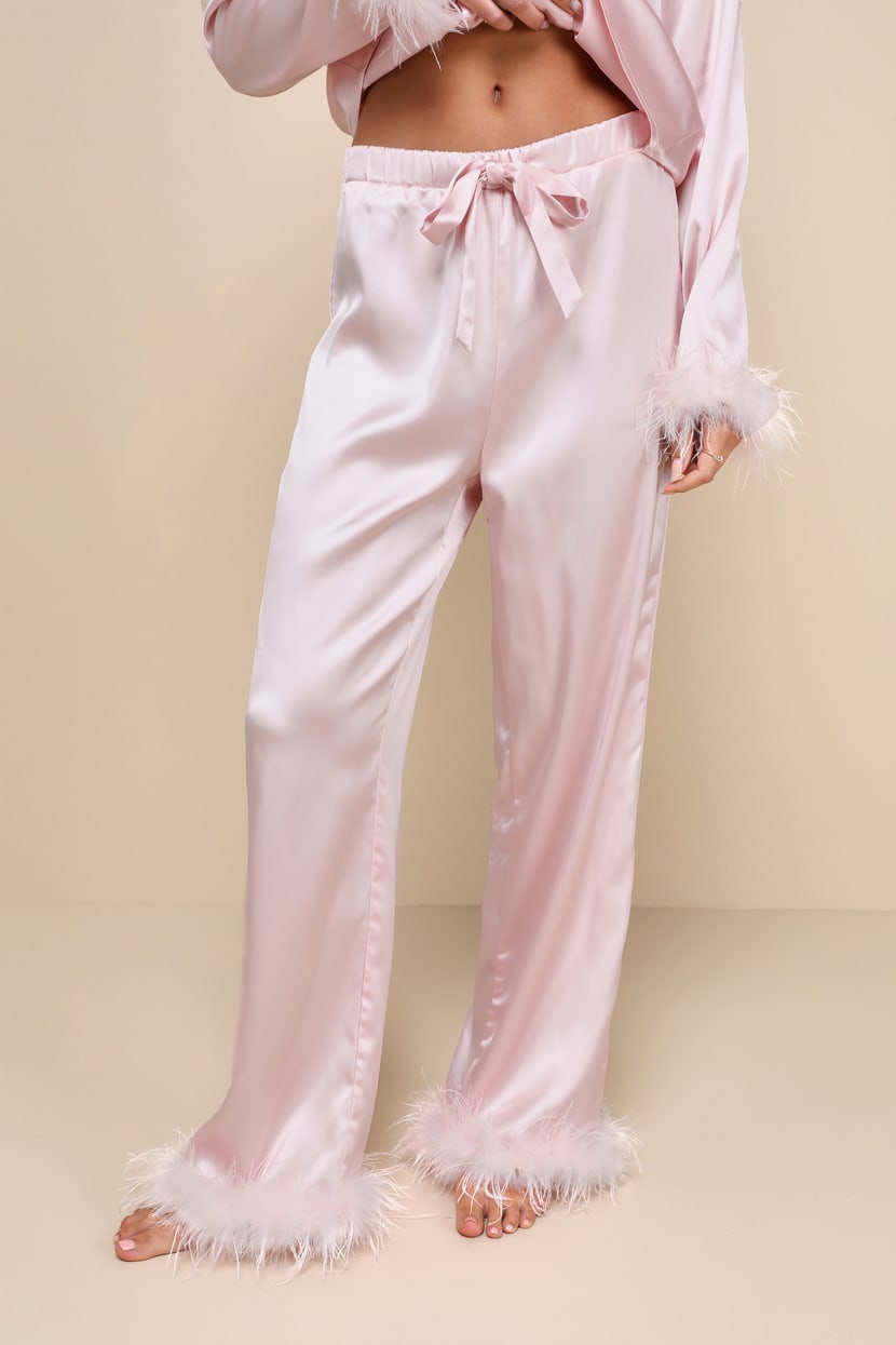 Light Pink Satin PJ Set Feather-Trimmed PJ Set Bridal Pajamas