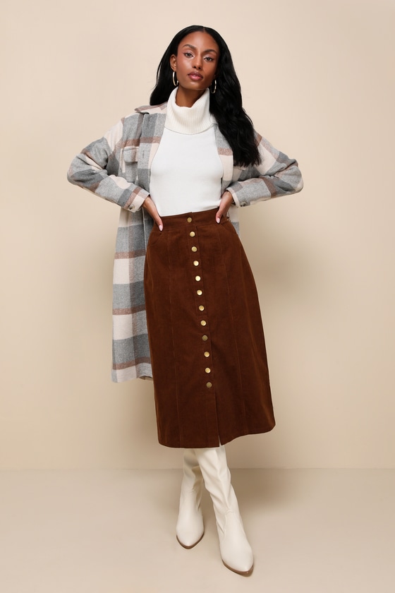 Seasonal Feelings Brown Corduroy Button-Front Midi Skirt 1
