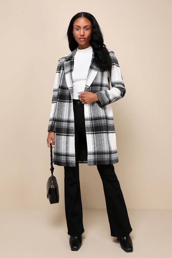 Steve Madden Cher Ivory Black And White Plaid Brushed Wool Coat